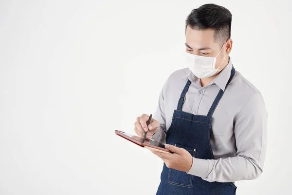 Cafe Owner Changing Menu of Tablet — Foto Stock