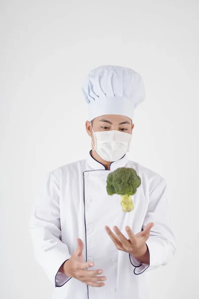 Chef Tossing Broccoli — Stock Photo, Image