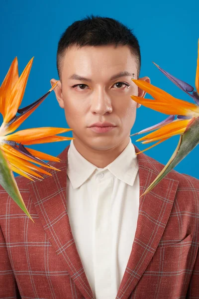 Man Between Two Crane Flowers — Stock Photo, Image