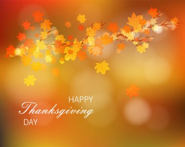 Şükran Günü tebrik kartı. Bulanık bir sonbahar arka planında düşen yapraklar.