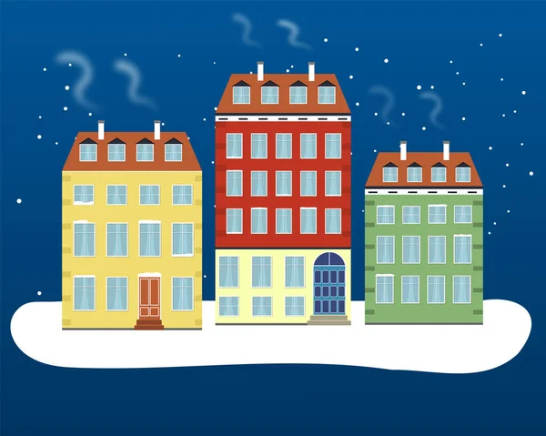 Copenhague Invierno Escena Ciudad Países Bajos Fachadas Coloridas Casas Holandesas — Vector de stock