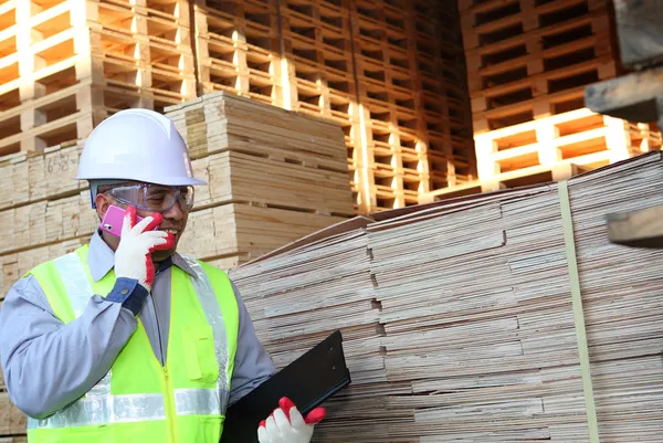 Stock wood pallet and worker — Stock Photo, Image