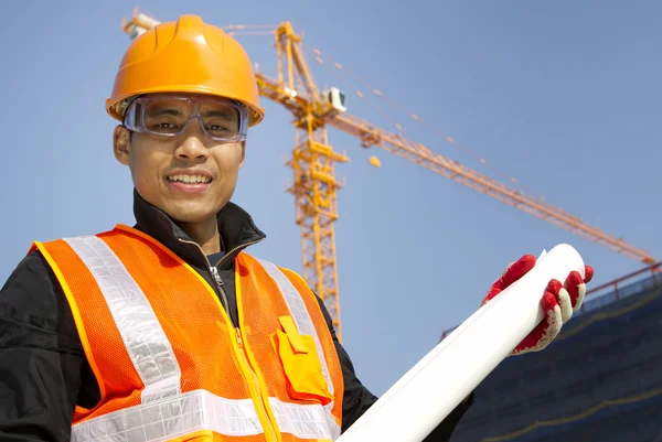 Portraite site manager with safety vest under construction — Stock Photo, Image