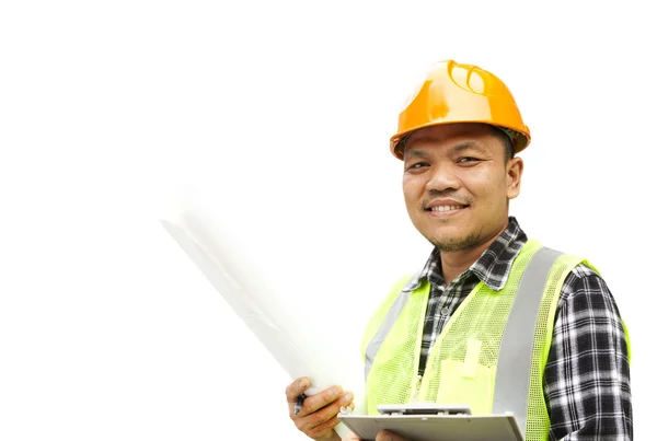 Trabalhador da construção usando colete de segurança isolado em branco — Fotografia de Stock