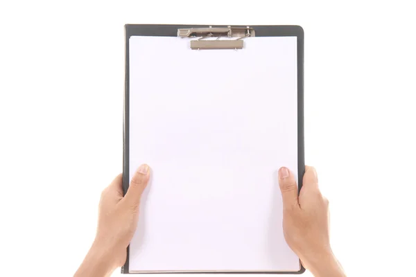 Female hand holding and showing blank clipboard — Stock Photo, Image