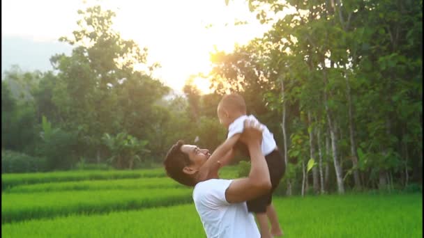 Отец Поднимает Своего Маленького Сына Воздух Зеленом Парке Фоне Заката — стоковое видео