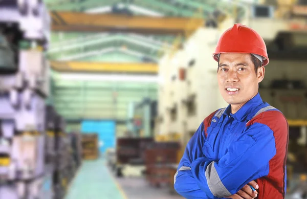 Portrait Asian Engineer Factory Worker Smiling Look You Camera — Stock Photo, Image