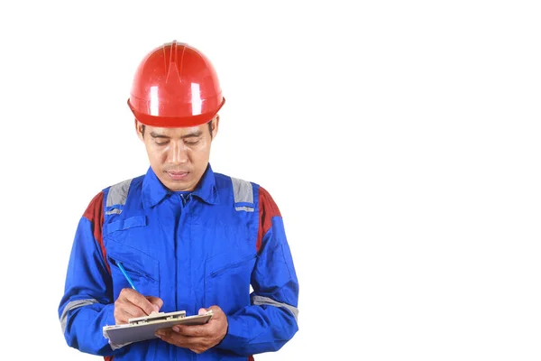 Técnico Asiático Escribiendo Portapapeles Aislado Sobre Fondo Blanco Espacio Para —  Fotos de Stock