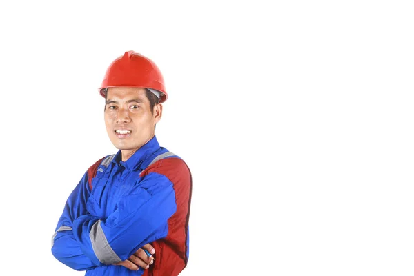 Porträtt Asiatisk Ingenjör Bär Skyddsjacka Och Hjälm Isolerad Vit Bakgrund — Stockfoto