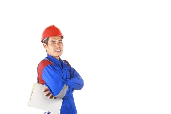 Retrato Ingeniero Asiático Con Chaqueta Seguridad Casco Aislado Fondo Blanco Fotos de stock libres de derechos