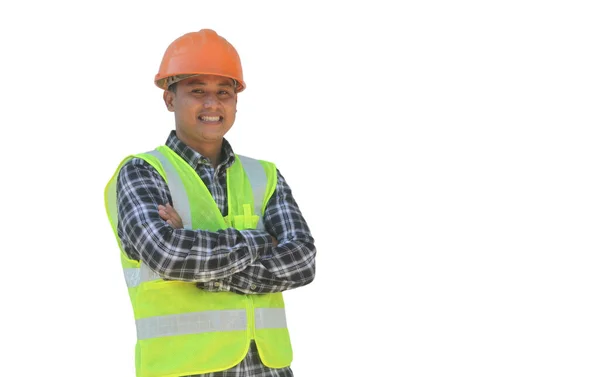 Працівник Будівництва Який Стоїть Перетинаючи Руки Посміхаючись Ізольовано Білому Тлі Ліцензійні Стокові Фото