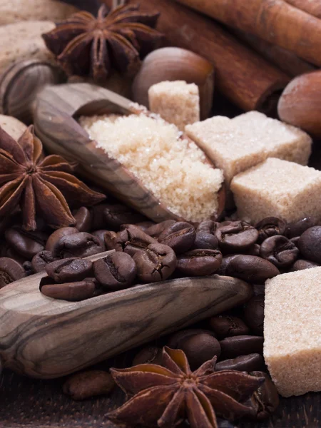 Kaffebønner med sukker – stockfoto