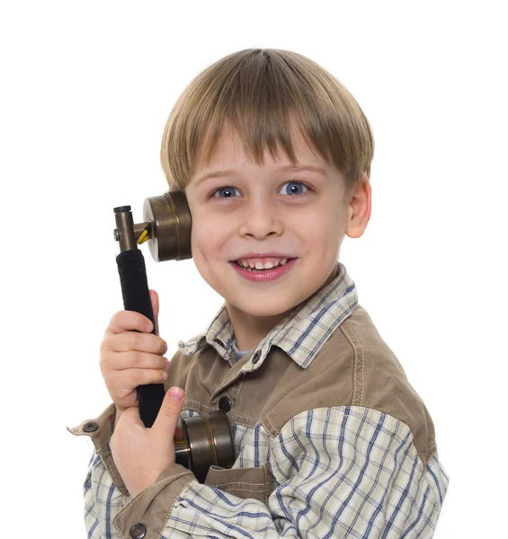 Young boy calling by old, vintage phone — Stock Photo, Image