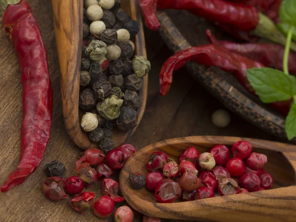 Chili pepers with spices — Stock Photo, Image