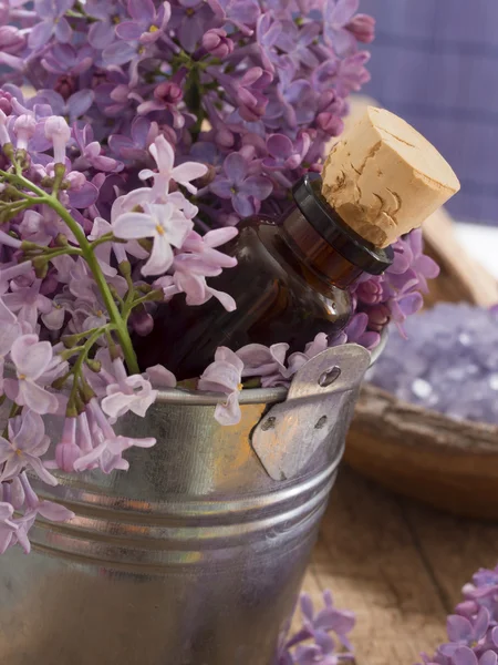 Flores e garrafa em um balde — Fotografia de Stock