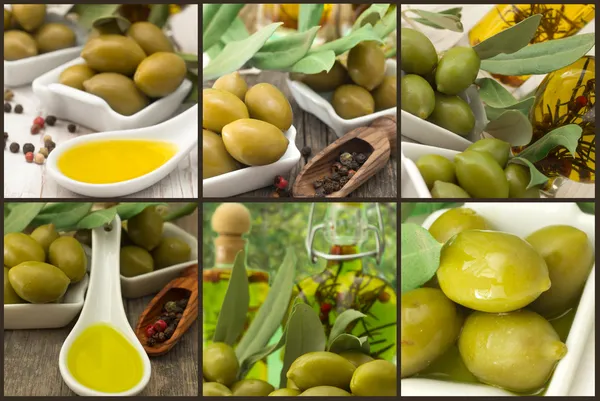 Aceitunas con aceite de oliva, collage — Foto de Stock