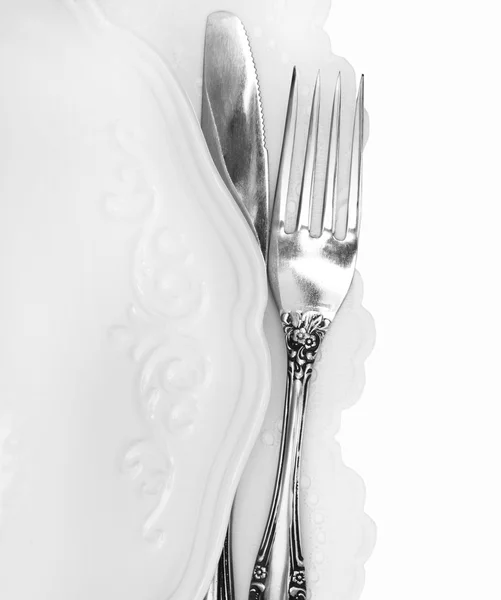 Fork and knife with plate — Stock Photo, Image