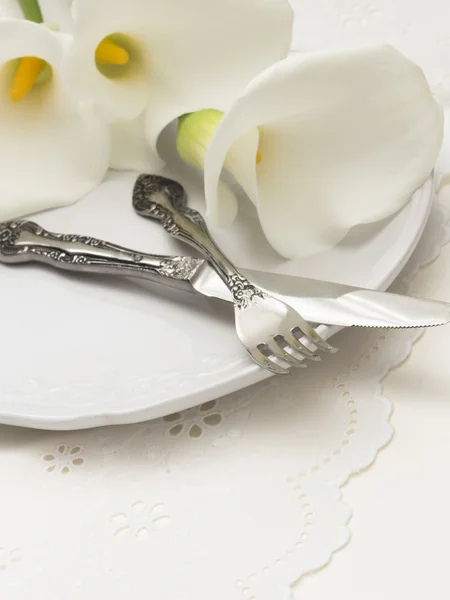 Fork and knife with plate — Stock Photo, Image