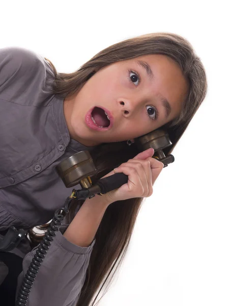 Girl calling by retro phone — Stock Photo, Image