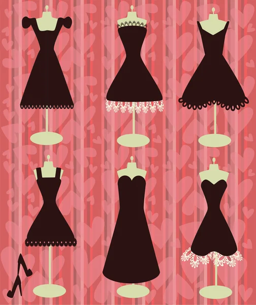 Lilla svarta klänningar på hjärtat former bakgrunden — Stock vektor