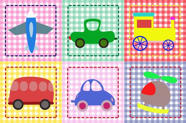 Avion, train, divers véhicules et voitures jouets pour enfants — Image vectorielle