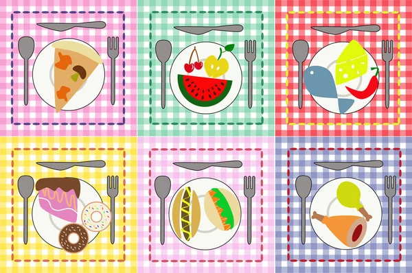 Menüauswahl mit verschiedenen Tellern und Lebensmitteln — Stockvektor