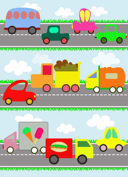 Varios vehículos y coches de juguete en la carretera para los niños — Vector de stock