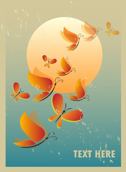 Atardecer retro con mariposas voladoras — Vector de stock