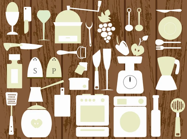 Utensilios de cocina blancos en el fondo de madera — Vector de stock