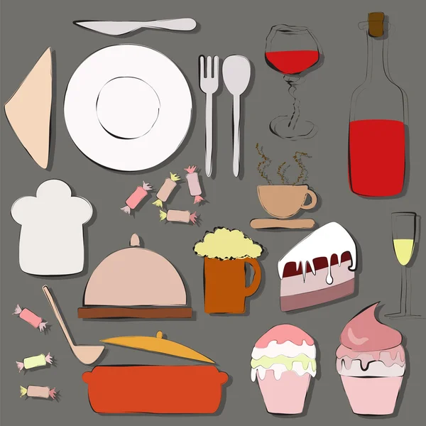 食品や調理器具、テーブルの上 — ストックベクタ