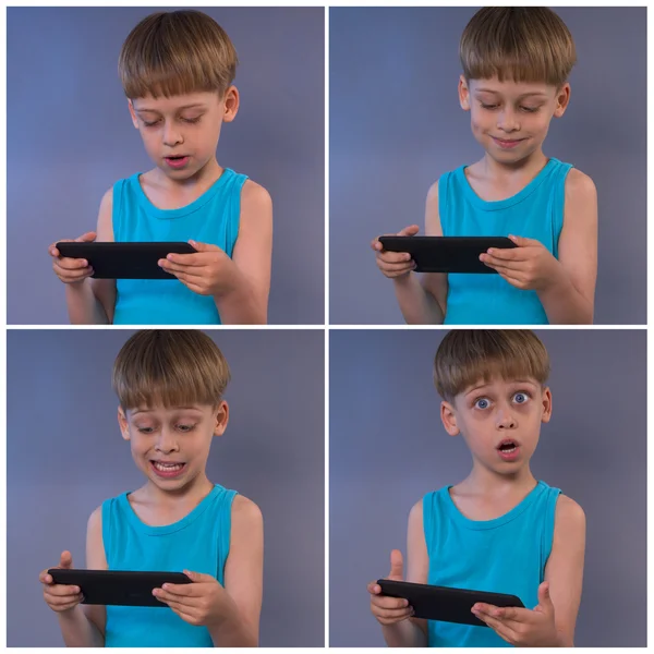 Мальчик играет в видеоигры на планшетном компьютере, четыре фотографии в одном — стоковое фото