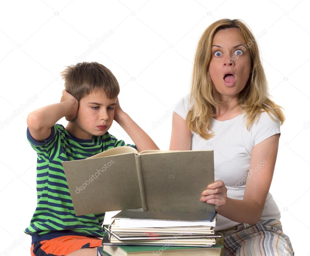 Angry mother trying to teach her son while he is confronting
