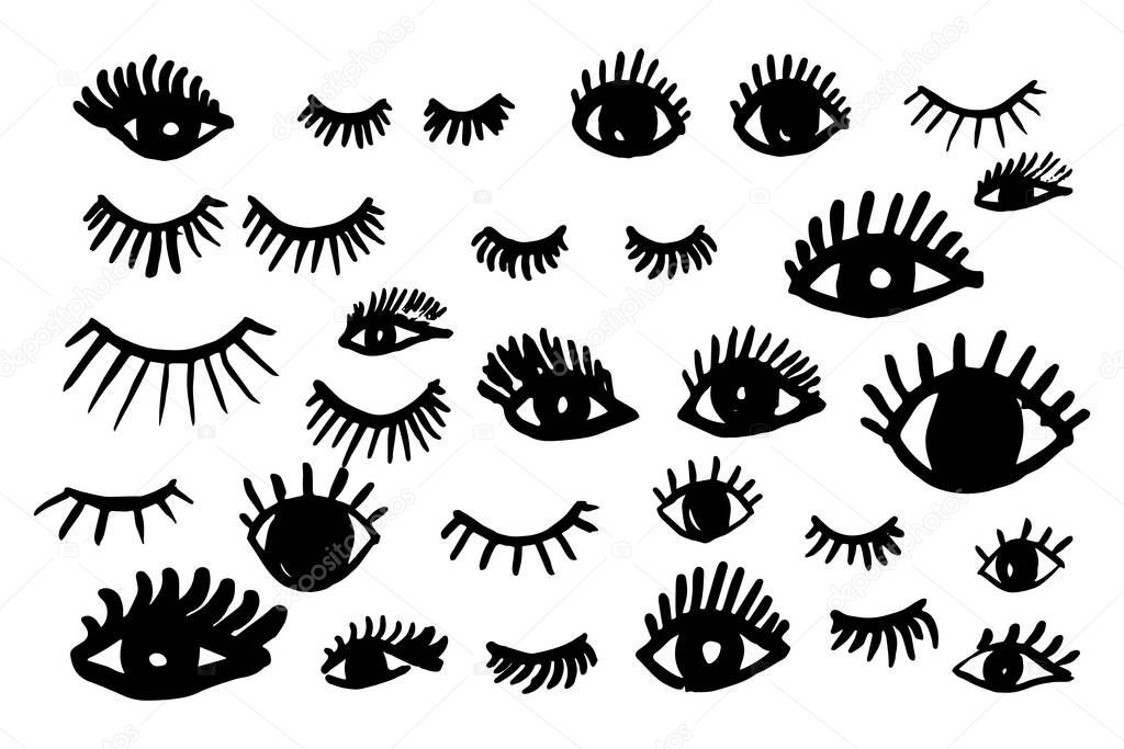 Set of Hand drawn eyes and lashes. Dirty design elements. Vector illustration.