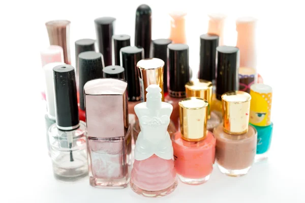 Many nail polish on white background — Stock Photo, Image