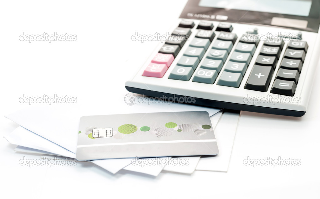 Credit card and Calculator on white Envelope isolate