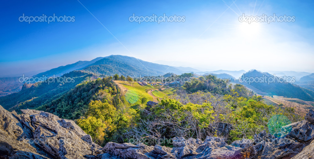 landscape of high mountain with sun