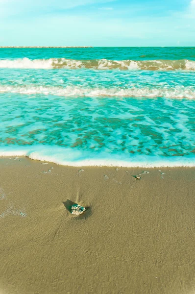 Stein am Strand mit Softwelle — Stockfoto