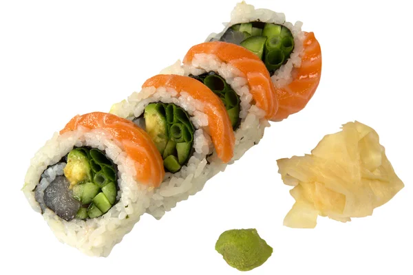 Sushi com gengibre de salmão e wasabi — Fotografia de Stock