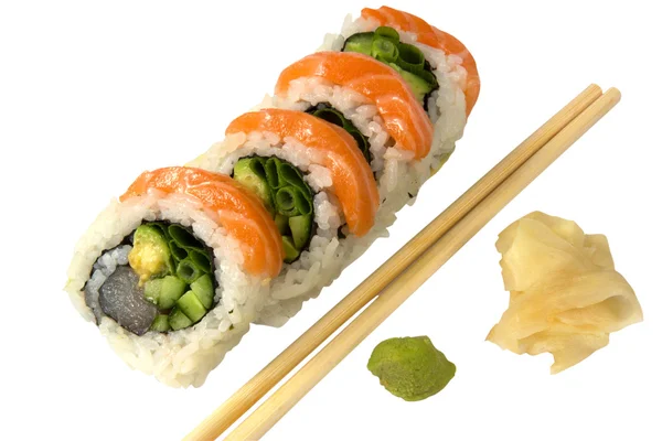 Sushi com gengibre de salmão e wasabi — Fotografia de Stock