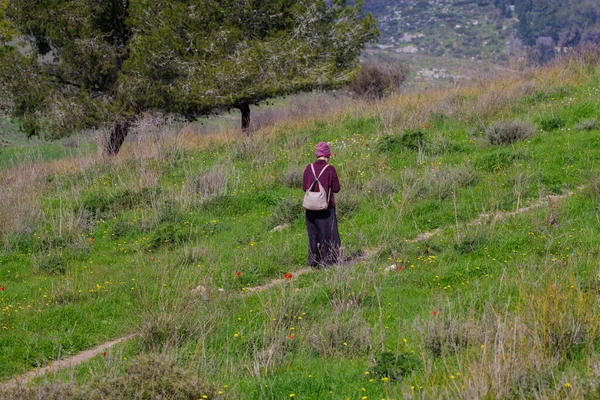 ある女性が牧草地を歩き — ストック写真