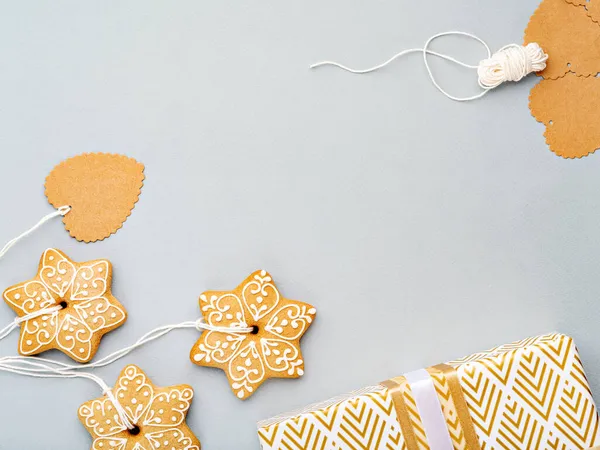 Fondo Navidad Con Galletas Jengibre Caseras Como Decoración Etiquetas Regalo —  Fotos de Stock