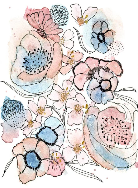 Grunge Vintage Styled Watercolour Painting Outline Floral Pattern Spring Summer — Zdjęcie stockowe