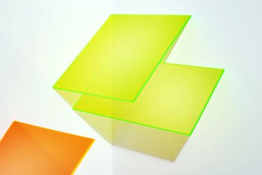 Beyaz arka planda gölgesi olan turuncu ve neon sarısı akrilik bir çarşaf. Şık geometrik şekil arkaplanı. Reklam, yeni ürünler veya ambalaj için renkli bir aşama.
