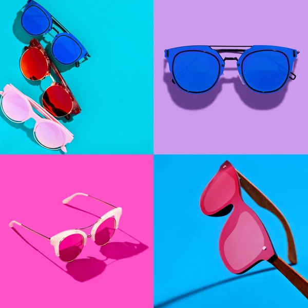 Minimalist Summer Collage Different Vivid Retro Shaped Sunglasses Idea Trendy — Stock Photo, Image