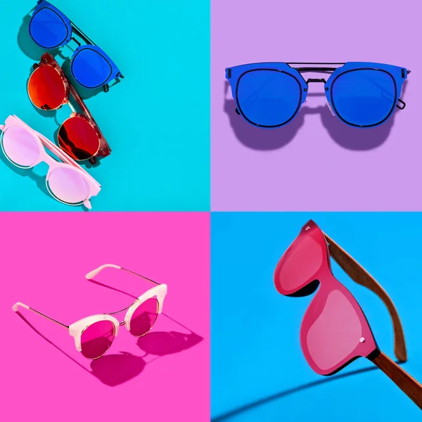 Minimalist summer collage with different vivid retro shaped sunglasses. Idea of trendy and fashionable UV protection of spring summer season. Eyes protection and style concept.