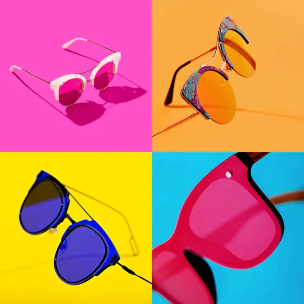 Minimalist Summer Collage Different Vivid Retro Shaped Sunglasses Idea Trendy — Stock Photo, Image