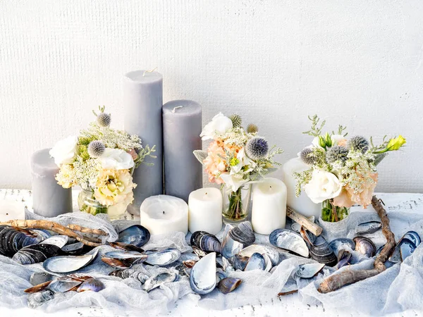 Table Setting Marine Style Restaurant Wedding Reception Home Interior Decorated — Stock Photo, Image