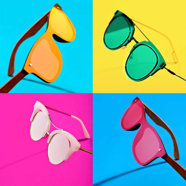 Minimalist summer collage with different vivid retro shaped sunglasses. Idea of trendy and fashionable UV protection of spring summer season. Eyes protection and style concept.
