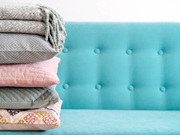 Stack Colorful Pillows Turquoise Sofa Pile Soft Green Pink Cushions — ストック写真