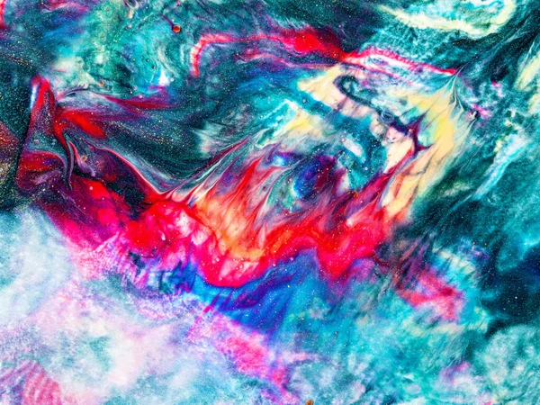 Close-up fragment of nail polish or paint texture with marble pattern. Moody liquid paint background. Mix of vibrant colours. Abstract art wallpaper.